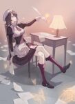  1girl bangs beret blue_eyes breasts brown_hair bug butterfly chair crossed_legs hat highres kneehighs lamp maid necktie paper purple_legwear quill raito47 shannon_(umineko) short_hair sitting solo table umineko_no_naku_koro_ni 