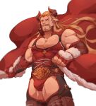  1boy absurdres bara bare_shoulders beard blonde_hair blue_eyes briefs bulge cape cleavage_cutout clothing_cutout covered_abs crotchless crotchless_pants draph earrings facial_hair feet_out_of_frame fur-trimmed_cape fur_trim granblue_fantasy guoguo highres horns jewelry ladiva large_pectorals long_hair looking_at_viewer male_focus male_underwear mature_male muscular muscular_male pants pectoral_cleavage pectorals pointy_ears red_cape solo thick_thighs thigh_cutout thighs underwear wind wrestling_outfit 