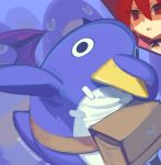 1girl bird black_choker boa_(brianoa) choker commentary dab_(dance) disgaea earrings english_commentary etna frown hair_between_eyes highres jewelry meme parted_lips penguin pouch prinny red_eyes red_hair shaded_face solo_focus sweatdrop twitter_username wings 