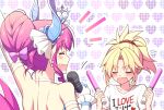  2girls artist_name blonde_hair blush closed_eyes dragon_girl dragon_horns earrings elizabeth_bathory_(cinderella_rider)_(fate) elizabeth_bathory_(fate) eyebrows_visible_through_hair fang fate/apocrypha fate/grand_order fate_(series) gloves glowstick hair_bun heart heart_background highres horns jewelry microphone mordred_(fate) mordred_(fate/apocrypha) multiple_girls pink_hair ponytail sakura_tsubame smile tiara white_gloves 