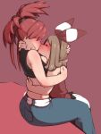 2girls absurdres age_difference ass back bare_shoulders belt blush bow_hairband breasts brown_hair closed_eyes denim flannery_(pokemon) hair_ribbon hairband half-closed_eyes highres hug jeans kiss may_(pokemon) midriff multiple_girls pants pokemon pokemon_(game) pokemon_oras ponytail red_hair red_hairband red_ribbon ribbon sitting sleeveless striped sweat umonebi yuri 