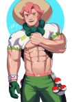  1boy abs absurdres bara bare_pectorals beige_headwear blush bulge clothes_lift crestren feet_out_of_frame freckles gloves green_eyes green_shorts hat highres large_pectorals lifted_by_self male_focus male_underwear male_underwear_peek milo_(pokemon) muscular muscular_male navel nipples open_mouth pectorals pink_hair pink_male_underwear poke_ball poke_ball_(basic) pokemon pokemon_(game) pokemon_swsh print_male_underwear shirt_lift short_hair short_sleeves shorts single_glove smile solo stomach sun_hat thick_eyebrows thick_thighs thighs underwear veins 