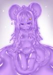  1girl :o ahoge animal_ear_fluff animal_ears blush breasts cheese_hair_ornament colored_sclera colored_skin completely_nude curss dot_nose food-themed_hair_ornament hair_between_eyes hair_ornament hairclip looking_at_viewer monster_girl mouse_ears mouse_tail navel no_nipples nude original purple_hair purple_sclera purple_skin purple_theme sitting slime_(substance) slime_girl small_breasts solo tail thigh_gap 