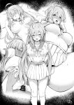 1boy 1girl ahoge bar_censor blue_archive blush bow breast_grab breasts breasts_outside censored grabbing greyscale halo hanako_(blue_archive) hemachi hetero large_breasts long_hair looking_at_viewer lying monochrome navel nipples penis pleated_skirt pussy sailor_collar school_uniform serafuku sex simple_background skirt white_bow 