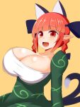  1girl animal_ears braid breasts cat_ears cat_girl cat_tail dress extra_ears frilled_dress frilled_sleeves frills highres huge_breasts juliet_sleeves kaenbyou_rin long_hair long_sleeves nekomata puffy_sleeves red_eyes red_hair solo tail touhou twin_braids xialu_zajin 