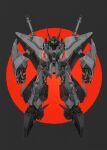  commentary_request full_body glowing glowing_eyes green_eyes grey_background greyscale gundam gundam_hathaway&#039;s_flash highres looking_at_viewer madarame mecha mobile_suit monochrome no_humans red_background science_fiction solo spot_color two-tone_background v-fin xi_gundam 