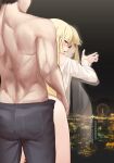  1boy 1girl absurdres against_glass against_window bang_dream! bangs bent_over black_pants blonde_hair blush city_lights cityscape from_behind hand_on_another&#039;s_waist hetero highres implied_sex indoors irochan leaning_forward long_hair long_sleeves looking_at_another looking_back muscular muscular_male night night_sky off_shoulder open_mouth pants reflection sex sex_from_behind shirt sidelocks sky standing standing_sex topless_male torso_grab tsurumaki_kokoro white_shirt window 