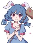  1girl absurdres ambiguous_red_liquid animal_ears blue_dress blue_hair commentary dress earclip highres kame_(kamepan44231) kine mallet rabbit_ears red_eyes seiran_(touhou) simple_background solo stain touhou white_background 