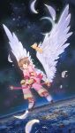  1girl :d absurdres antenna_hair blurry blurry_background brown_hair buming cardcaptor_sakura commentary_request crescent_moon depth_of_field feathered_wings feathers fingerless_gloves fuuin_no_tsue gloves green_eyes hair_bobbles hair_intakes hair_ornament highres holding jacket kero kinomoto_sakura long_sleeves moon night night_sky outdoors pants pink_jacket pink_pants purple_gloves roller_skates skates sky smile star_(sky) starry_sky two_side_up white_feathers white_footwear white_wings wings 