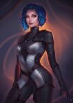  1girl blue_hair bodysuit breasts commission forehead_tattoo highres june_jenssen lip_piercing lips looking_at_viewer mass_effect_(series) nose_piercing original piercing short_hair small_breasts solo yellow_eyes 