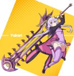  .hack// .hack//g.u. 1girl :&lt; animal_ears arms_up blush bracelet character_name commentary dress full_body hair_tubes halftone halftone_background hip_gear holding holding_sword holding_weapon huge_weapon jacket jewelry leg_up looking_at_viewer purple_dress purple_eyes purple_hair purple_jacket purple_legwear rabbit_ears rune_(ru-nn) sidelocks solo sword thighhighs v-shaped_eyebrows vocaloid voiceroid weapon yellow_background yuzuki_yukari 