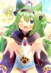  1girl ;d animal_ear_fluff animal_ears azur_lane bandaged_arm bandages bangs bell black_hairband blue_eyes blurry blurry_background blush cannon cat_ears commentary_request commission depth_of_field dress eyebrows_visible_through_hair fang green_hair hair_bell hair_between_eyes hair_ornament hairband isokaze_(azur_lane) jingle_bell kou_hiyoyo long_hair long_sleeves looking_at_viewer one_eye_closed skeb_commission smile solo turret very_long_hair white_dress wide_sleeves x_x 