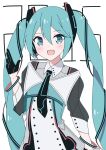  1girl 2015 aqua_eyes aqua_hair black_necktie bracelet commentary dress fang giryu gloves hair_ornament half_gloves hand_up hatsune_miku heart highres jewelry light_blush long_hair looking_at_viewer magical_mirai_(vocaloid) necktie open_mouth smile solo twintails very_long_hair vocaloid waving white_background white_dress 