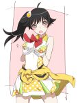  1girl absurdres ahoge araragi_karen black_eyes black_hair breasts clothes_around_waist dress fried_egg hair_ornament highres kakoikaren long_hair looking_at_viewer monogatari_(series) open_mouth side_ponytail solo 