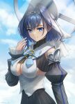  1girl :d blue_bow blue_bowtie blue_sky blush bow bowtie breasts chain cleavage cloud cloud_background cloudy_sky crop_top detached_sleeves hair_intakes head_chain highres hololive hololive_english large_breasts long_hair looking_at_viewer mechanical_halo ouro_kronii sideboob sky smile stormstx striped sunlight turtleneck virtual_youtuber zipper 