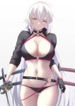  1girl absurdres ahoge bangs belt bikini black_belt black_bikini black_gloves black_jacket breasts choker cleavage commentary_request cowboy_shot cropped_jacket eyebrows_visible_through_hair fate/grand_order fate_(series) gloves highres jacket jeanne_d&#039;arc_(alter_swimsuit_berserker)_(fate) jeanne_d&#039;arc_(fate) katana large_breasts long_hair long_sleeves looking_at_viewer navel o-ring o-ring_bikini okuma707 parted_lips revision sheath shrug_(clothing) silver_hair simple_background smile solo straight_hair swimsuit sword thigh_gap thighs very_long_hair weapon white_background white_hair yellow_eyes 