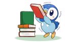  blue_eyes book commentary_request eyelashes holding holding_book looking_up no_humans official_art open_mouth piplup pokemon pokemon_(creature) project_pochama solo stacking sweatdrop tongue trembling white_background 