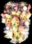  1girl azur_lane black_background blurry bokeh breasts cotton_candy depth_of_field eyebrows_visible_through_hair fireworks floral_print food full_body hair_between_eyes hair_ornament hairclip hand_up highres holding holding_food horns japanese_clothes ken_ill kimono large_breasts long_sleeves looking_at_viewer low_twintails nagara_(azur_lane) nail_polish open_mouth purple_hair sandals shiny shiny_hair smile solo sparkle standing standing_on_one_leg sunflower_print tassel toenail_polish toenails twintails wide_sleeves yellow_kimono yukata 
