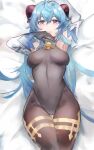  1girl absurdres arm_up armpits bangs bed bed_sheet bell black_gloves black_legwear blue_hair blush bodystocking breasts breasts_apart curled_horns detached_sleeves ganyu_(genshin_impact) genshin_impact gloves gnai highres horns leotard leotard_under_clothes long_hair looking_at_viewer medium_breasts neck_bell pantyhose purple_eyes thigh_gap thighlet white_sleeves 