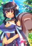  1girl :d animal_ear_fluff animal_ears bangs bare_shoulders black_hair blue_choker blurry blurry_background blush breasts brown_eyes choker cleavage clothing_cutout collarbone commentary_request commission copyright_request day depth_of_field dress eyebrows_visible_through_hair fangs hair_between_eyes kou_hiyoyo large_breasts lens_flare long_hair mole mole_under_eye navel navel_cutout outdoors purple_dress purple_sweater ribbed_dress ribbed_sweater skeb_commission smile solo squirrel_ears squirrel_girl squirrel_tail sweater sweater_dress tail 