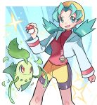  1girl bike_shorts chikorita commentary_request cropped_jacket eyelashes green_eyes green_hair hair_tie hand_up hat highres holding holding_poke_ball hyou_(hyouga617) knees kris_(pokemon) long_hair long_sleeves looking_to_the_side open_mouth poke_ball poke_ball_(basic) pokemon pokemon_(creature) pokemon_(game) pokemon_gsc red_shirt shirt smile sparkle teeth tied_hair tongue twintails yellow_headwear 