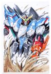  artist_name chinese_commentary clenched_hand dividing_driver dust gaofighgar highres kakine_white looking_at_viewer mecha no_humans orange_eyes science_fiction solo super_robot traditional_media v-fin yuusha_ou_gaogaigar yuusha_ou_gaogaigar_final yuusha_series 