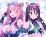  2girls ;d animal_ear_fluff animal_ears bangs bare_shoulders black_dress black_gloves black_hair blue_flower blue_rose blush breasts brown_eyes closed_mouth commentary_request crescent crop_top dress elbow_gloves eyebrows_visible_through_hair flower gloves glowing gucchiann hair_between_eyes hair_rings hand_up hatsune_(princess_connect!) highres long_hair looking_at_viewer medium_breasts multiple_girls one_eye_closed pink_flower pink_hair pink_rose princess_connect! purple_eyes purple_flower purple_rose rose shiori_(princess_connect!) sleeveless sleeveless_dress small_breasts smile star_(symbol) tiger_ears upper_body very_long_hair w 