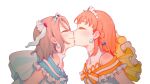  2girls bare_shoulders blue_dress blue_ribbon blush braid closed_eyes commentary dress earrings eyebrows_visible_through_hair from_side grey_hair hair_ribbon highres jewelry kiss koi_ni_naritai_aquarium love_live! love_live!_sunshine!! multiple_girls orange_dress ribbon short_hair short_sleeves side_braid simple_background takami_chika tiara upper_body uuu&amp;no watanabe_you white_background yuri 