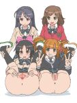  4girls anus bangs blunt_bangs blush bow bowtie brown_hair buttons cardigan censored collared_shirt commentary_request double_v eyebrows_visible_through_hair female_pubic_hair folded green_eyes grin hair_ornament hairclip kasuga_(kasuga39) long_hair looking_at_viewer mosaic_censoring multiple_girls oekaki open_mouth pubic_hair pussy satou_hina_(tesagure!_bukatsu-mono) school_uniform shirt shoes smile socks spread_pussy suzuki_yua sweatdrop takahashi_aoi take_your_pick tanaka_koharu teeth tesagure!_bukatsu-mono thighhighs tied_hair twintails v white_footwear white_shirt 