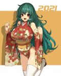  1girl 2021 bangs breasts brown_eyes clenched_hands detached_sleeves eyebrows_visible_through_hair furisode green_hair highres japanese_clothes kimono large_breasts leotard long_hair looking_at_viewer obi open_mouth original sash skindentation smile solo thighhighs xyv_1 