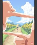  1girl arm_up bang_dream! bear blonde_hair blue_shorts blue_sky cloud commentary_request cumulonimbus_cloud day dirt_road field finger_frame flower flower_field from_behind grass hands heart highres long_hair outdoors path pillarboxed pointing pointing_up pov pov_hands riai_(onsen) road running shirt shoes short_shorts short_sleeves shorts sky socks standing standing_on_one_leg straight_hair striped striped_legwear sunflower tsurumaki_kokoro white_shirt 