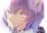  1girl absurdres animal_ear_fluff animal_ears bangs cat_ears commentary_request face hair_between_eyes hand_up highres hololive light_particles looking_at_viewer nail_polish nekomata_okayu parted_lips portrait purple_eyes purple_hair purple_nails short_hair simple_background solo urotare v_over_mouth virtual_youtuber white_background 
