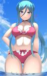  1girl absurdres aoki_hagane_no_arpeggio ass_visible_through_thighs bikini blue_eyes blue_hair blue_sky blush breasts day giant giantess hair_between_eyes hand_on_hip highres lien long_hair looking_down medium_breasts mole mole_under_mouth navel ocean ponytail red_bikini ship sidelocks size_difference sky smile solo standing swimsuit takao_(aoki_hagane_no_arpeggio) very_long_hair watercraft 