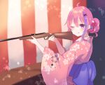  1girl ;q ahoge bangs blue_flower blurry blurry_background blush bow closed_mouth commentary_request copyright_request depth_of_field eyebrows_visible_through_hair floral_print flower gucchiann gun hair_between_eyes hair_bun hair_flower hair_ornament hairclip highres holding holding_gun holding_weapon japanese_clothes kimono long_sleeves multicolored_hair obi one_eye_closed pink_hair pink_kimono print_kimono purple_bow purple_eyes purple_hair red_flower rifle sash smile solo streaked_hair tongue tongue_out virtual_youtuber weapon white_flower wide_sleeves x_hair_ornament 