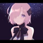  1girl bangs black_border black_bow blush border bow breasts commentary dress fate/grand_order fate_(series) hair_ornament hair_over_one_eye large_breasts light_purple_hair looking_at_viewer mash_kyrielight meloettta purple_eyes short_hair smile solo under_the_same_sky white_dress 
