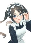  1girl absurdres adjusting_eyewear alternate_costume apron black_hair blue_eyes collar enmaided frilled_apron frills glasses highres hoshina_hoshimi idolmaster idolmaster_shiny_colors long_hair long_sleeves maid maid_headdress mitsumine_yuika round_eyewear smile solo twintails 