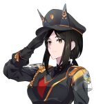  1girl arknights black_gloves black_hair black_headwear black_jacket breasts closed_mouth dobermann_(arknights) dobermann_(lieutenant)_(arknights) eyebrows_visible_through_hair gloves hair_ornament hairclip hat highres jacket light_brown_eyes long_hair looking_away military military_hat military_uniform mole mole_under_eye official_alternate_costume salute solo suprii uniform upper_body white_background 