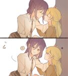  ! 2girls bang_dream! blonde_hair blush closed_eyes commentary_request eyebrows_visible_through_hair imminent_kiss looking_at_another looking_at_viewer multiple_girls necktie parted_lips purple_eyes purple_hair red_eyes seri_(vyrlw) seta_kaoru shirasagi_chisato spoken_exclamation_mark squiggle teeth yuri 