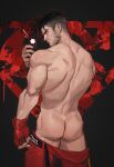  1boy amo_(amo9612) ass bara beard clothes_pull facial_hair fingerless_gloves from_behind gloves highres looking_at_viewer male_focus mature_male muscular muscular_male pants pants_pull phone red_pants selfie short_hair shorts sideburns solo standing stubble superboy thighs topless_male young_justice 
