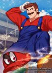  1boy ass_visible_through_thighs bara buttons cappy_(mario) chest_hair commentary_request facial_hair floating foot_out_of_frame foreshortening hand_in_hair kienbiu large_pectorals legs_apart long_sideburns looking_at_viewer male_focus mario mario_(series) mature_male muscular muscular_male mustache older overalls pectoral_cleavage pectorals personification reward_available short_hair sideburns smirk solo sparkle super_mario_odyssey thick_thighs thighs 