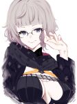  1girl absurdres adjusting_eyewear bangs black-framed_eyewear black_dress black_jacket blunt_bangs breasts chip_le_cree cleavage closed_mouth commentary cropped_jacket dress fate/grand_order fate_(series) glasses grey_hair highres hood hood_down hooded_jacket jacket jacques_de_molay_(foreigner)_(fate) large_breasts lips long_sleeves looking_at_viewer open_clothes open_jacket pale_skin purple_eyes short_hair shrug_(clothing) simple_background smile solo upper_body white_background 