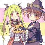  2girls absurdres alternate_costume blonde_hair brown_hair couple fangs fate_testarossa hair_ornament hair_ribbon halloween happy hat highres jack-o&#039;-lantern long_hair lyrical_nanoha mahou_shoujo_lyrical_nanoha mahou_shoujo_lyrical_nanoha_a&#039;s multiple_girls purple_eyes rakuichi red_eyes ribbon short_twintails simple_background smile takamachi_nanoha twintails vampire wife_and_wife witch yuri 