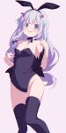 1girl animal_ears bare_shoulders black_bow black_collar black_hairband black_jacket black_legwear black_leotard blue_eyes blush bow breasts chromatic_aberration collar collarbone commentary_request eromanga_sensei fake_animal_ears feet_out_of_frame grey_hair groin hair_bow hairband highres izumi_sagiri jacket leotard long_hair looking_at_viewer off_shoulder open_clothes open_jacket oueo parted_lips pink_background playboy_bunny rabbit_ears simple_background small_breasts solo standing strapless strapless_leotard thighhighs very_long_hair wavy_mouth 