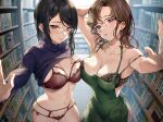  2girls apron bangs bare_shoulders black_bra black_hair blue_sweater blush bookshelf bra breasts brown_hair cleavage clothes_lift collarbone glasses green_apron highres lace-trimmed_bra lace_trim large_breasts long_hair looking_at_viewer male_underwear male_underwear_pull mole mole_under_eye multiple_girls original panties parted_bangs purple_eyes red_bra red_panties ribbed_sweater sage_joh sweater swept_bangs turtleneck turtleneck_sweater underwear 