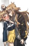  2girls blush breasts brown_eyes brown_hair dual_persona hair_ornament highres large_breasts long_hair medium_breasts multiple_girls older orange_eyes selfcest senki_zesshou_symphogear senki_zesshou_symphogear_xd_unlimited shiny shiny_hair short_hair tachibana_hibiki_(symphogear) tachibana_hibiki_(symphogear)_(another) very_long_hair yukitsuba_hina 