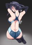  1girl armpits arms_behind_head arms_up ass back bangs bare_shoulders bathing black_gloves black_hair black_legwear blue_eyes blue_swimsuit blush breasts commentary_request darkmaya elbow_gloves eyebrows_visible_through_hair gloves hair_intakes hololive hololive_english large_breasts looking_at_viewer looking_back one-piece_swimsuit ouro_kronii short_hair solo suggestive_fluid swimsuit thighhighs virtual_youtuber 