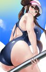  1girl aqua_eyes ass aw999555 backless_swimsuit blue_sky blue_swimsuit blush breasts brown_hair closed_mouth cloud cloudy_sky commentary competition_swimsuit cowboy_shot day double_bun eyebrows_visible_through_hair eyelashes from_below hair_between_eyes highleg highleg_swimsuit highres large_breasts long_hair looking_at_viewer looking_back looking_down one-piece_swimsuit pokemon pokemon_(game) pokemon_bw2 rosa_(pokemon) sidelocks sitting sky solo swimsuit twintails visor_cap white_headwear 