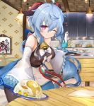  1girl absurdres ahoge alternate_costume apron bangs bare_shoulders bell black_legwear blue_hair blush bow bowtie breasts cafe chair cup curled_horns dessert detached_sleeves eyebrows_visible_through_hair food ganyu_(genshin_impact) genshin_impact heart highres horns hu_tao_(genshin_impact) indoors leglus long_hair looking_at_viewer low_ponytail medium_breasts neck_bell one_eye_closed prosperous_peace_(genshin_impact) purple_eyes sidelocks smile solo table tray very_long_hair vision_(genshin_impact) white_sleeves wide_sleeves xiao_(genshin_impact) 