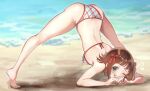  1girl amami_haruka arm_rest ass barefoot beach bikini brown_hair chan_hone_pkpk commentary_request day full_body green_eyes hair_ribbon halterneck idolmaster idolmaster_(classic) jack-o&#039;_challenge looking_at_viewer o-ring o-ring_bikini o-ring_bottom plaid plaid_bikini ribbon short_hair spread_legs swimsuit top-down_bottom-up wide_spread_legs 