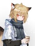  1girl alternate_costume animal_ear_fluff animal_ears arknights bandaid bandaid_on_hand black_scarf black_sleeves blush clothes_writing commentary cup extra_ears eyebrows_visible_through_hair fox_ears fox_girl fox_tail grey_background highres holding holding_cup hood hood_down hooded_jacket jacket long_sleeves looking_at_viewer orange_eyes orca_(dragooon-yike) scarf short_hair simple_background snow tail upper_body vermeil_(arknights) white_jacket 